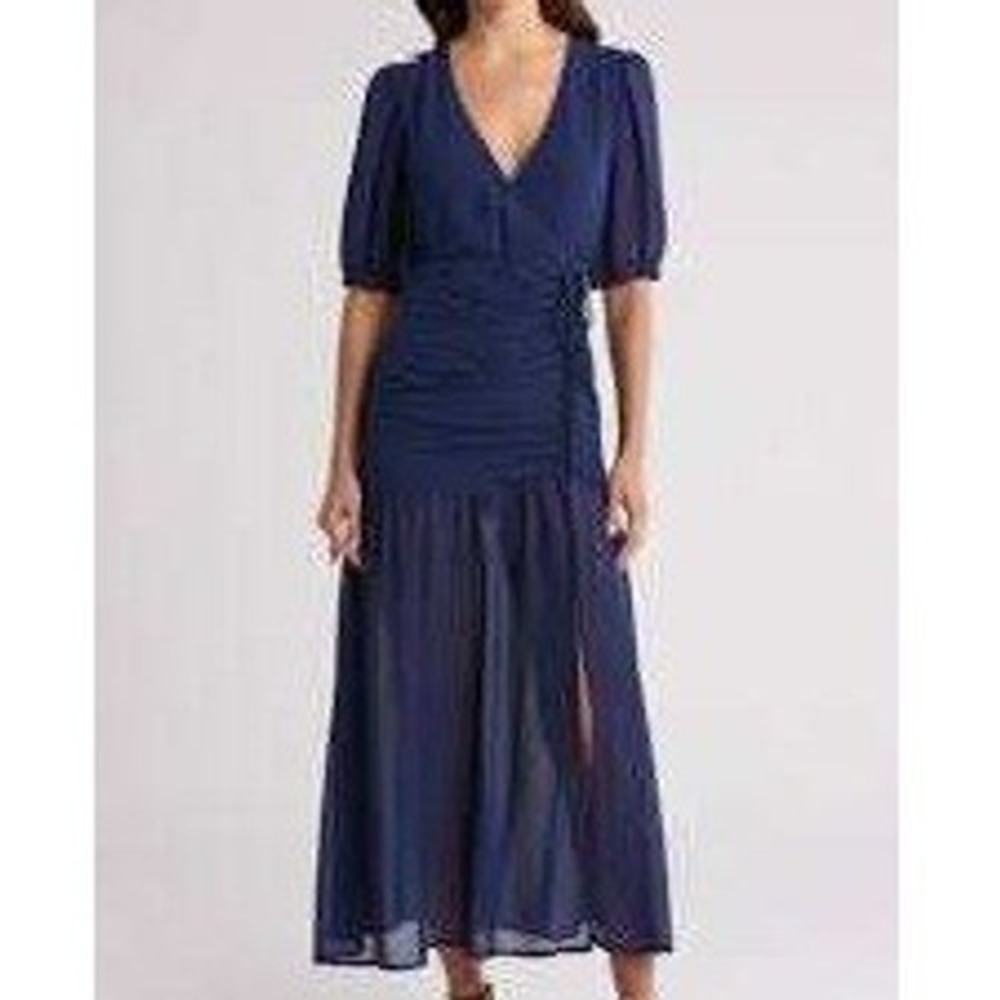 NWT Wishlist Navy Blue‎ Ruched Midi Dress V-Neck Sheer Sleeve Size Small